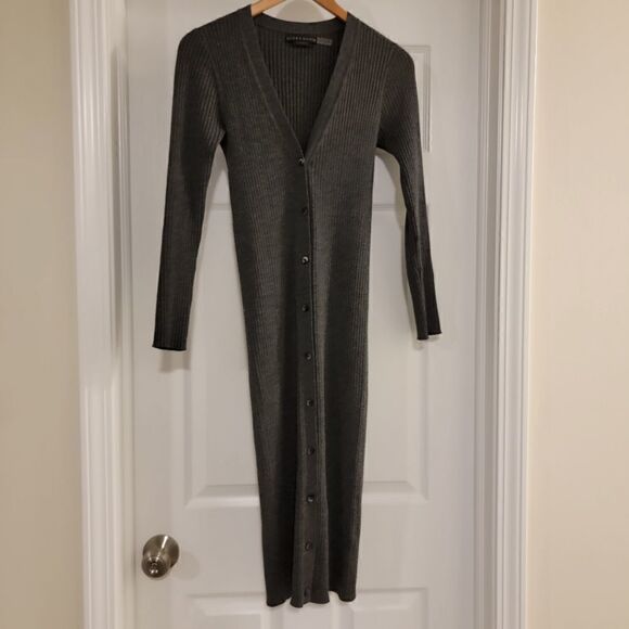 Alice + Olivia Dark Gray Annika Ribbed Long Cardigan Duster Sweater Dress - Picture 6 of 9